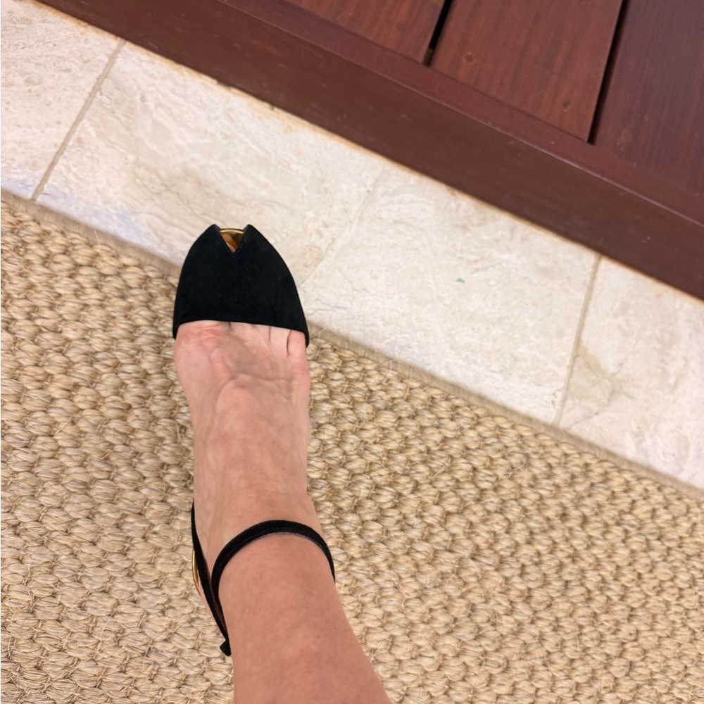 Gucci Black Suede and Gold Strappy Heels, 4 inch mirrored heel, peep toe. - Picture 10 of 12